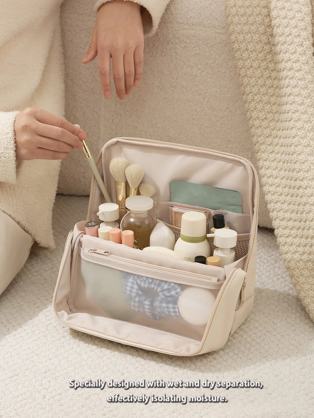1Pcs Premium PU Leather Vertical Travel Makeup Bag - Multi-Compartment, Large-Capacity & Portable Toiletry Organizer