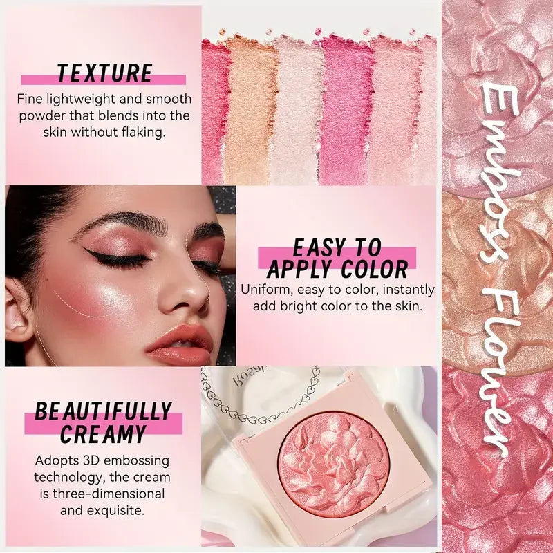 Multi-Color Glossy Blush Highlighter, Baking Process, Moisturizing and Glossy Makeup Effect, Light and Easy to Color with Texture, Facial Brightening, with Pearlescent Brightening Effect, Rose Blush Palette