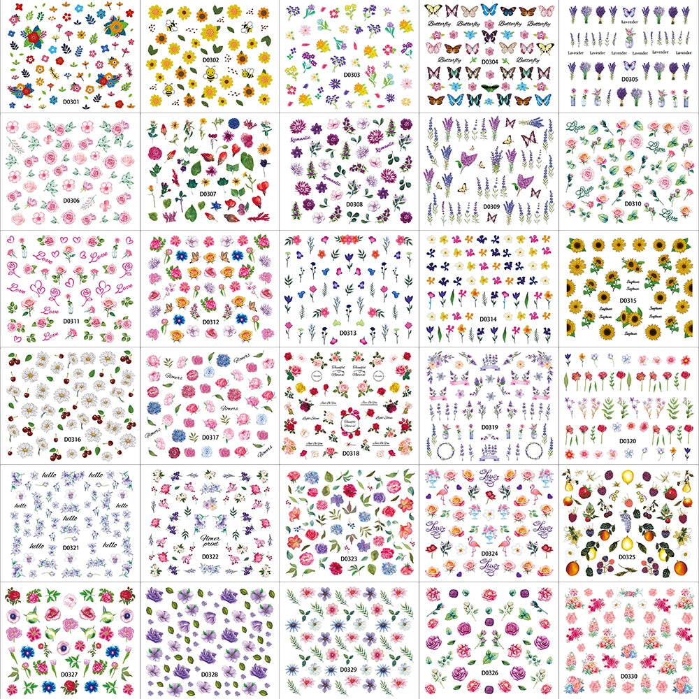 30Pcs/set Colorful Butterfly/Flowers Nail Stickers Kawaii Cute Mini Rose/Lavender/Sunflower Nail Decal DIY Adhesive Nail Floret