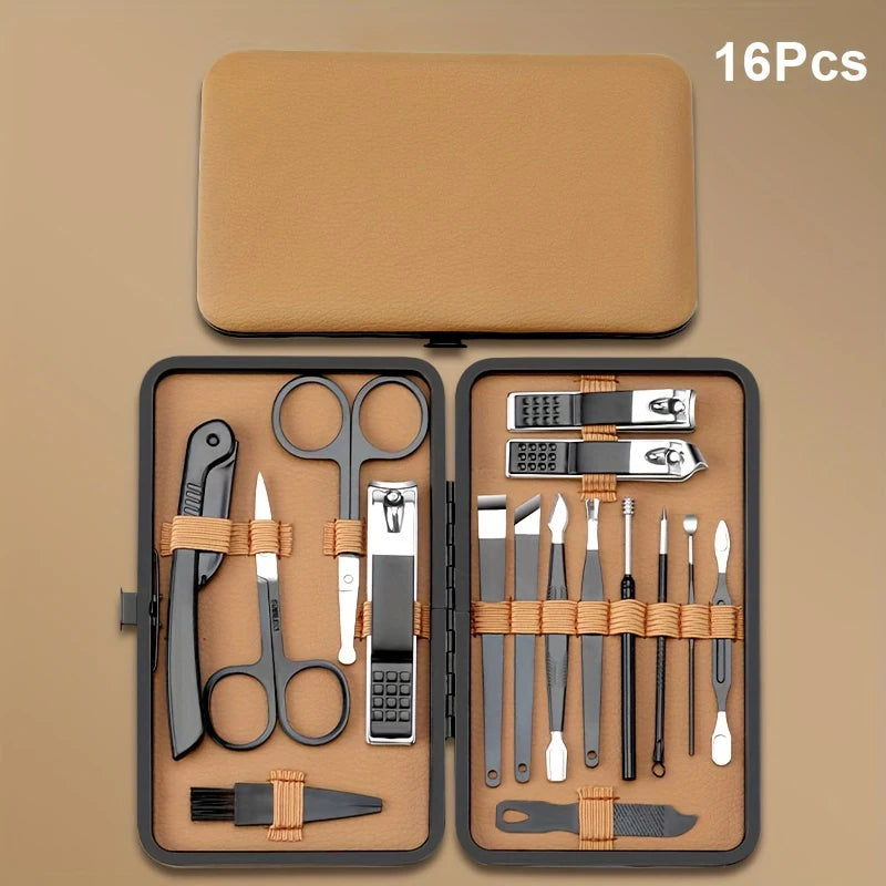 7/16/18Pcs Manicure Set Stainless Steel Professional Pedicure Kit Nail Grooming Kit Clippers Kit with Black PU Leather Case