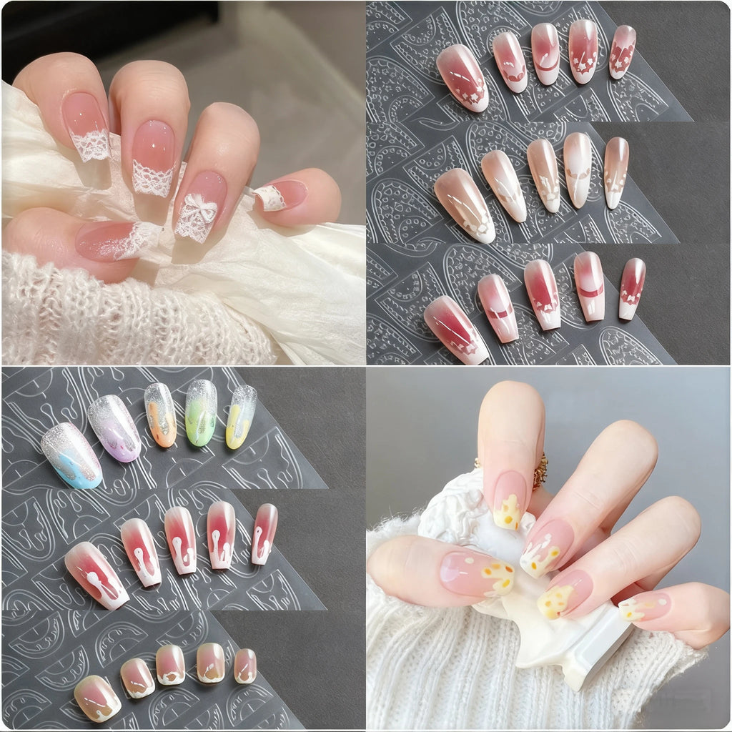 5 Sheets French Cheese Nail Stickers Decoration Self-Adhesive Hollow Lace Nail Art Decals Butterfly Star Shape DIY Nail Art Tool