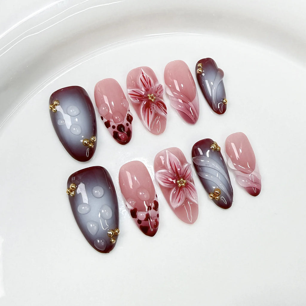 10pcs French Almond Press on Nails Flower False Nails Wearable Stick-on Nails Fake Nail Uñas Postizas Mujer Накладные Ногти 네일팁