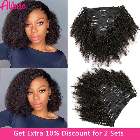 Alibele Mongolian Afro Kinky Clips In Human Hair Extensions 8 Pieces 120G/Set Brazilian Remy Hair Clip In 10-24" Inch For Women
