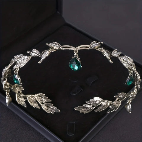 Fashionable and Luxurious Elf Crown Bridal Crystal Rhinestone Waterdrop Leaf Hair Accessories Romantic Head Accessories forWomen