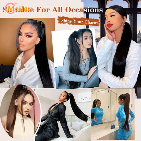 MEIFAN 24 Inch Synthetic Ponytail Extensions Black Natural Braided Pony Tail Hairpiece Long Straight Rubber Band Hair For Women