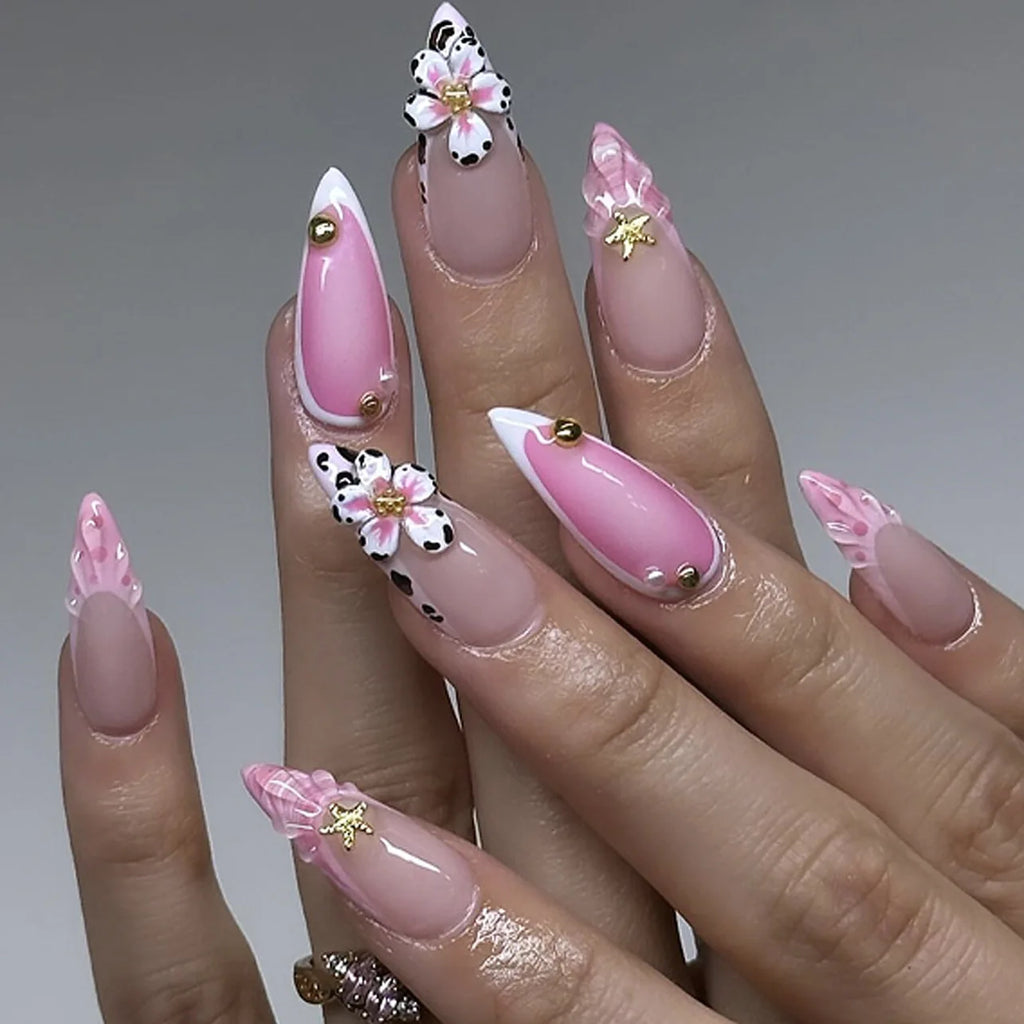 24pcs Tropical Flower Press On Nails Colorful French 3D Crystal Butterfly Shells Pattern Printed False Nails Almond Fake Nail