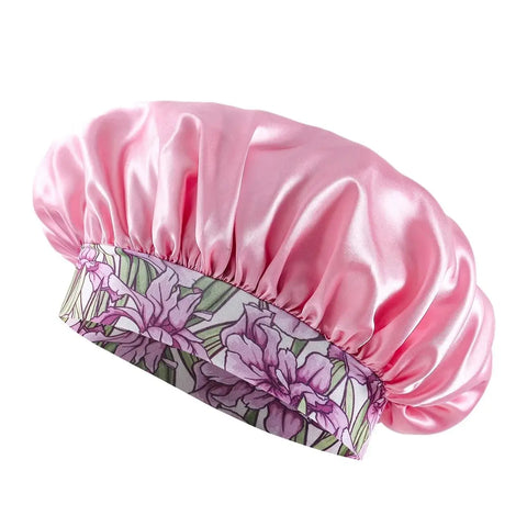 Women's Fashion Bonnet Flower Printed Hair Hat with Wide Edge Elastic Silk Smooth Satin Face for Daily Home Sleep Hat