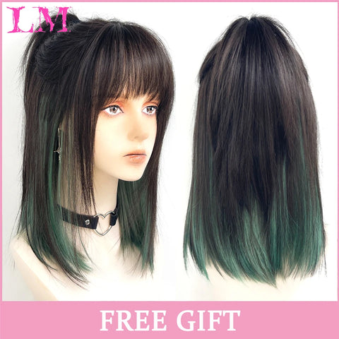 LM Synthetic Hair Long Wave Black And Pink Lolita Wigs For Women Cosplay Wig With Bangs Halloween Christmas Heat Resistant