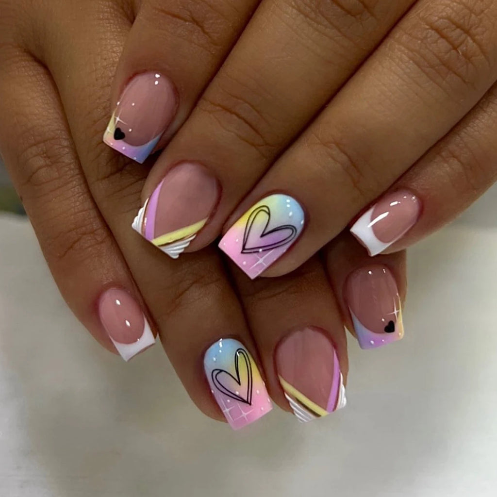 24 pieces of short square fake nails, featuring a halo dyed gradient heart and a colorful French design in European and American