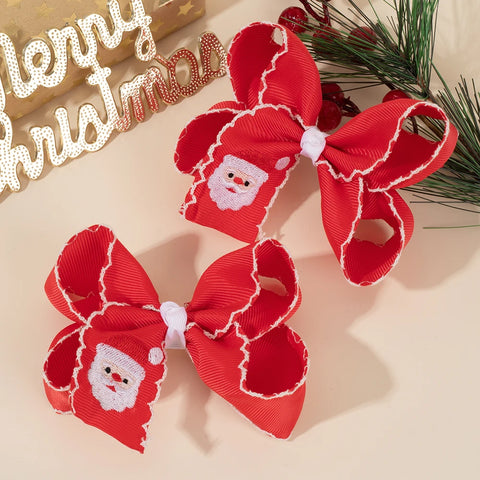 2Pcs Christmas Cartoon Bow Hair Clips Handmade Santa Embroidery Hairpins For Girls Kids Trendy Headwear Hair Accessories Gift