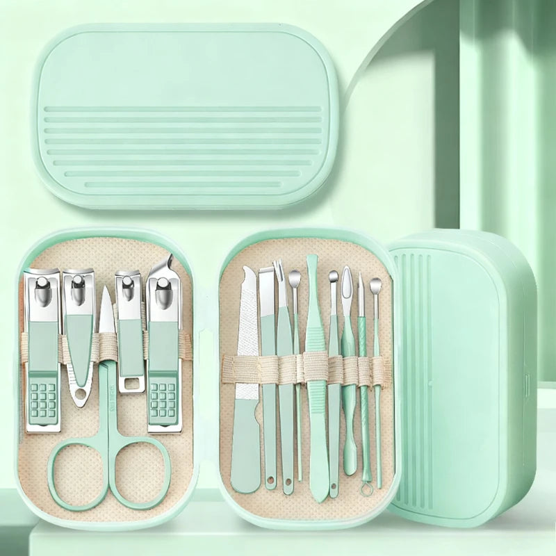 14 Piece Deluxe Nail Care Kit Pink & Blue Stainless Steel Manicure & Pedicure Set with Nail Scissors Clippers Ear Digging Spoon