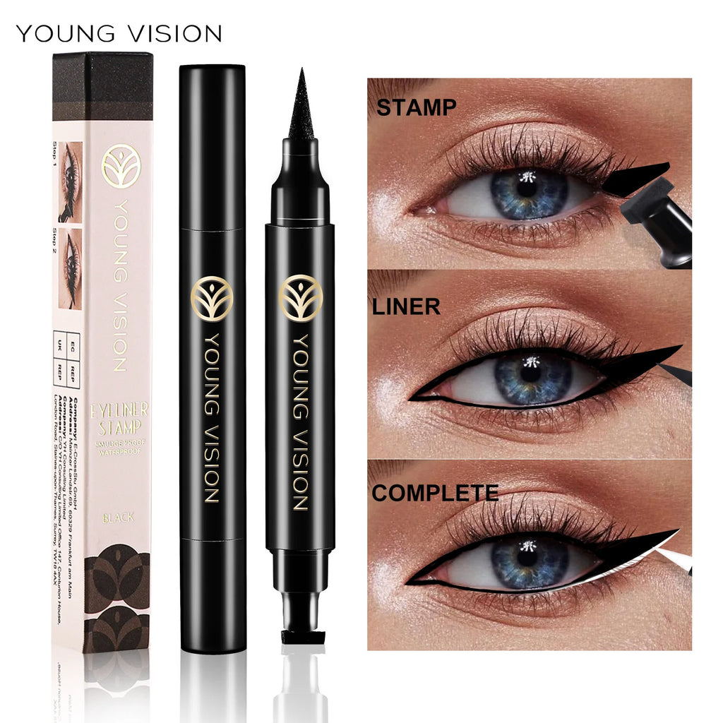 Dual-Ended Stamp Eyeliner Pen, 2-in-1 Waterproof and Smudge-Proof Black Eyeliner with Triangular Tip, Long-Lasting Precision
