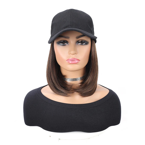 Baseball Cap with Synthetic Hair Extensions Heat Resistant 10 Inch Adjustable Short Straight Bob Wigs in Hat for Women Daily Use