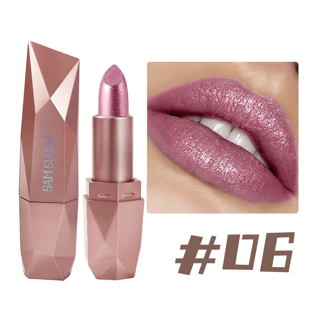 Diamond Glitter Lipstick Long Lasting Waterproof Moisturizing Highly Pigmented Metallic Shine Pearlescent Non Stick Cup Lipstick