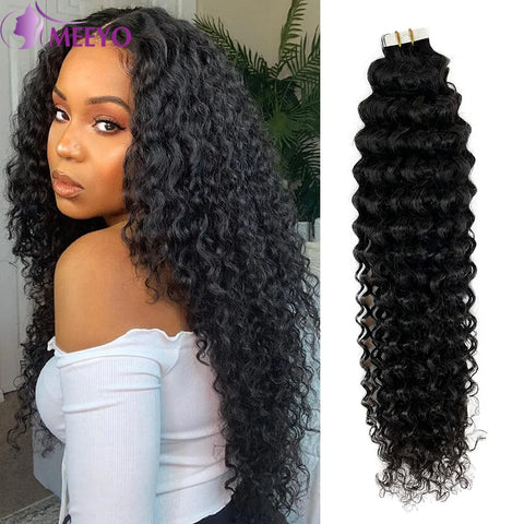 Deep Wave Tape In Hair Extensions Human Hair Brazilian Adhesive Invisible Curly Tape In Extensions Human Hair Natural Black #1B