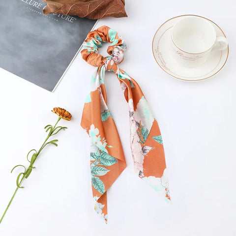 2023 Fashion Print Chiffon Long Ribbon Scrunchies Women Girls Ponytail Scarf Elastic Hair Bands Ties Hair Accessories Wholesale
