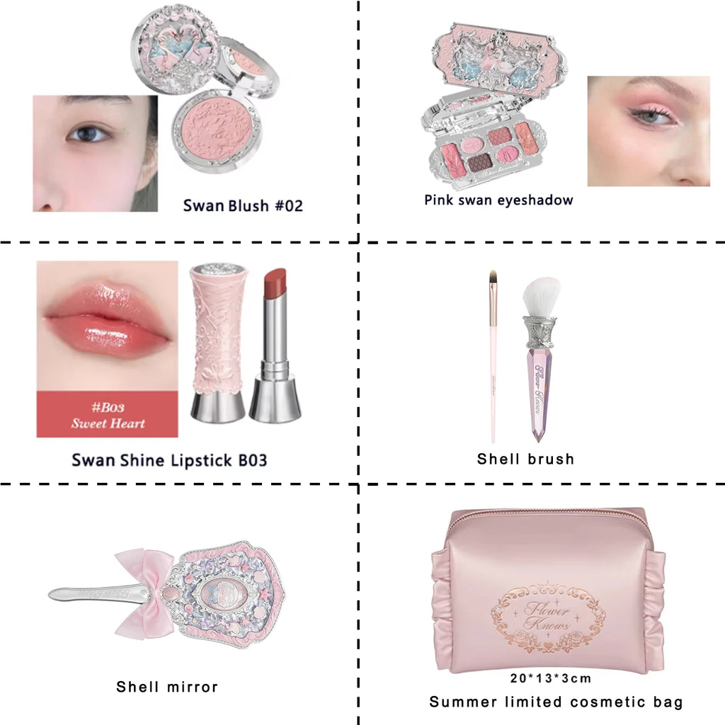 Flower Knows Swan Ballet Collection 6 Color Palette Embossed Blush Shine Lipstick Fairy Tale Ballet Makeup Gift Set