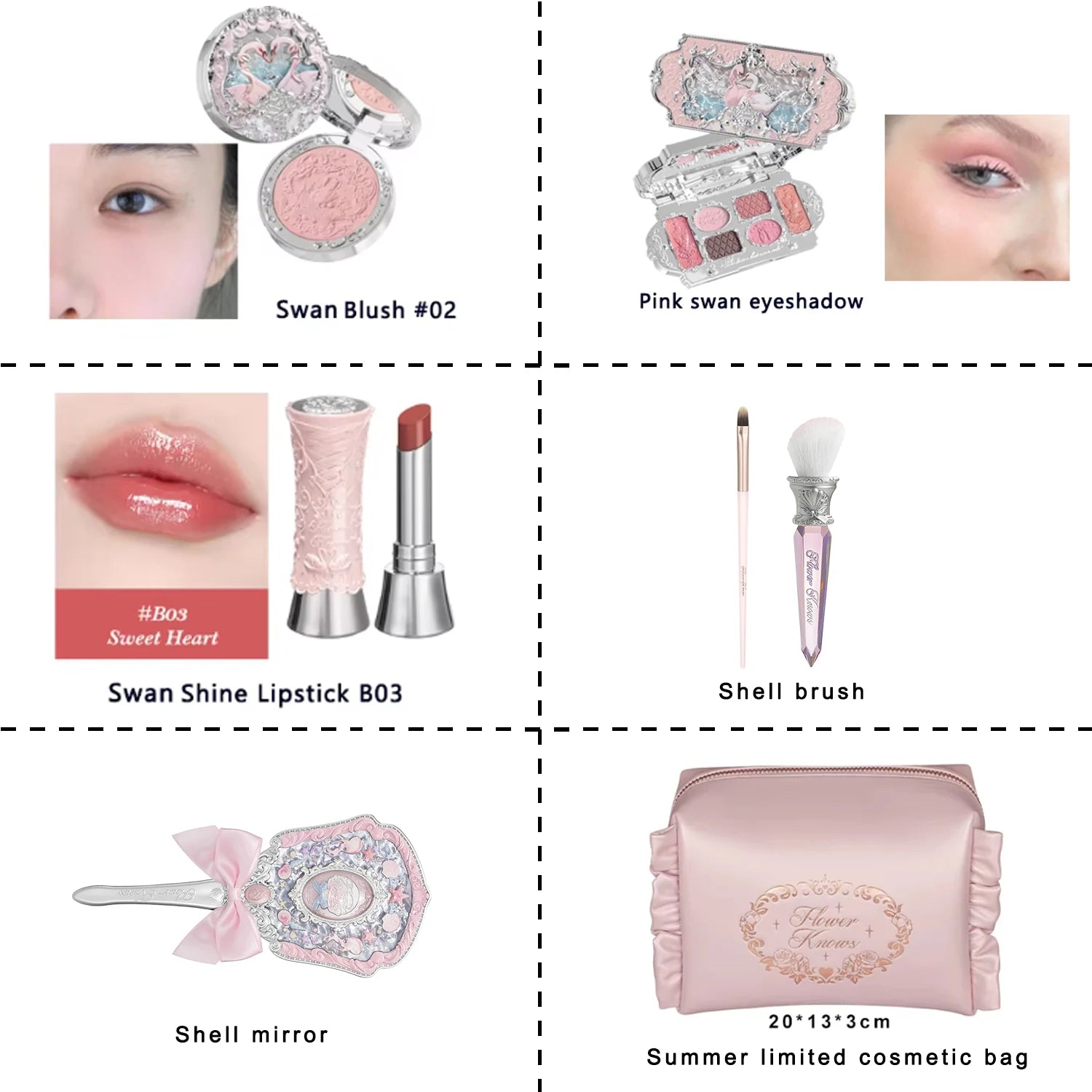 Flower Knows Swan Ballet Collection 6 Color Palette Embossed Blush Shine Lipstick Fairy Tale Ballet Makeup Gift Set