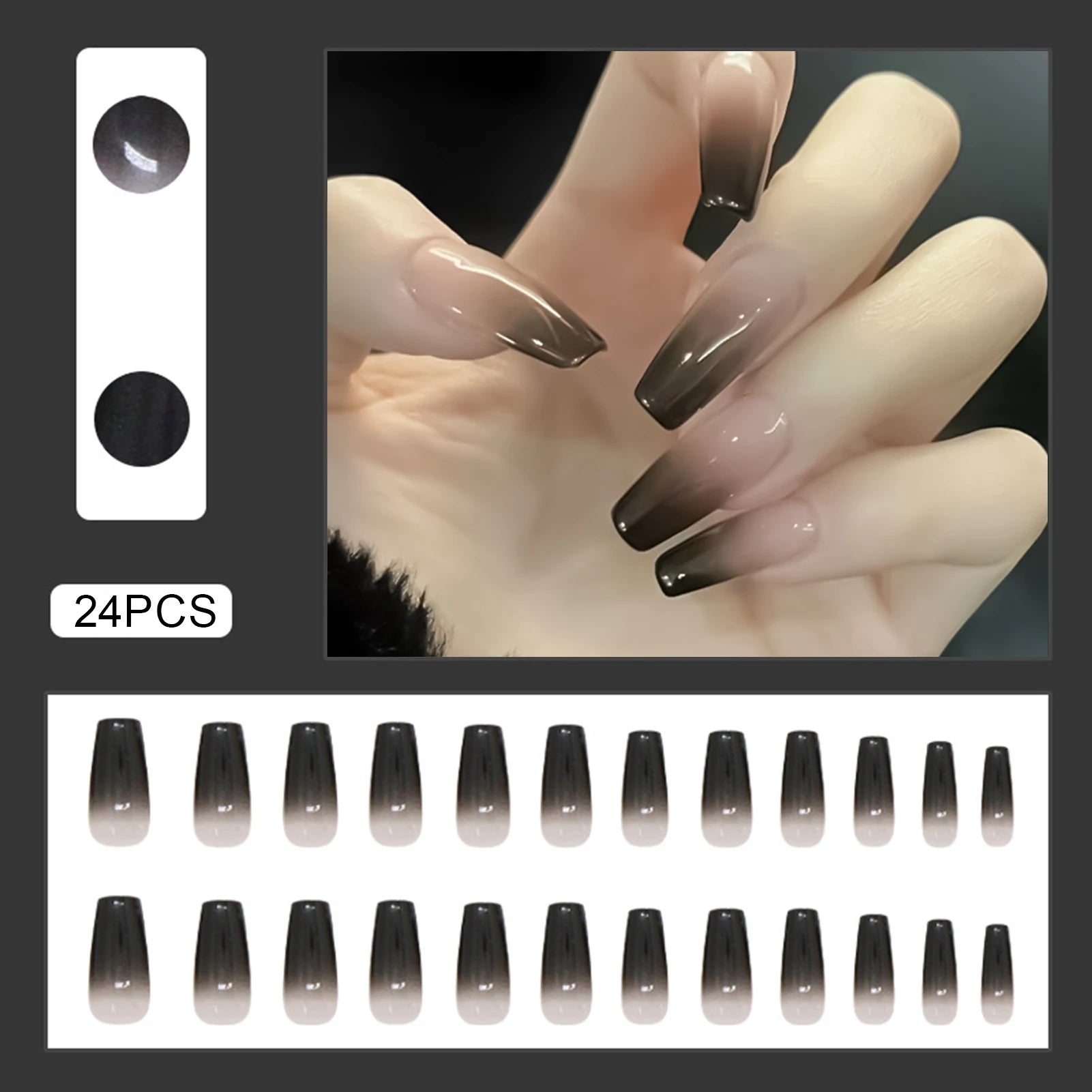 24pcs Y2k Star Press On Nails Gradient Black Mid-length Coffin False Nail Tips Full Cover Moon Designs Fake Nail For Cool Girls