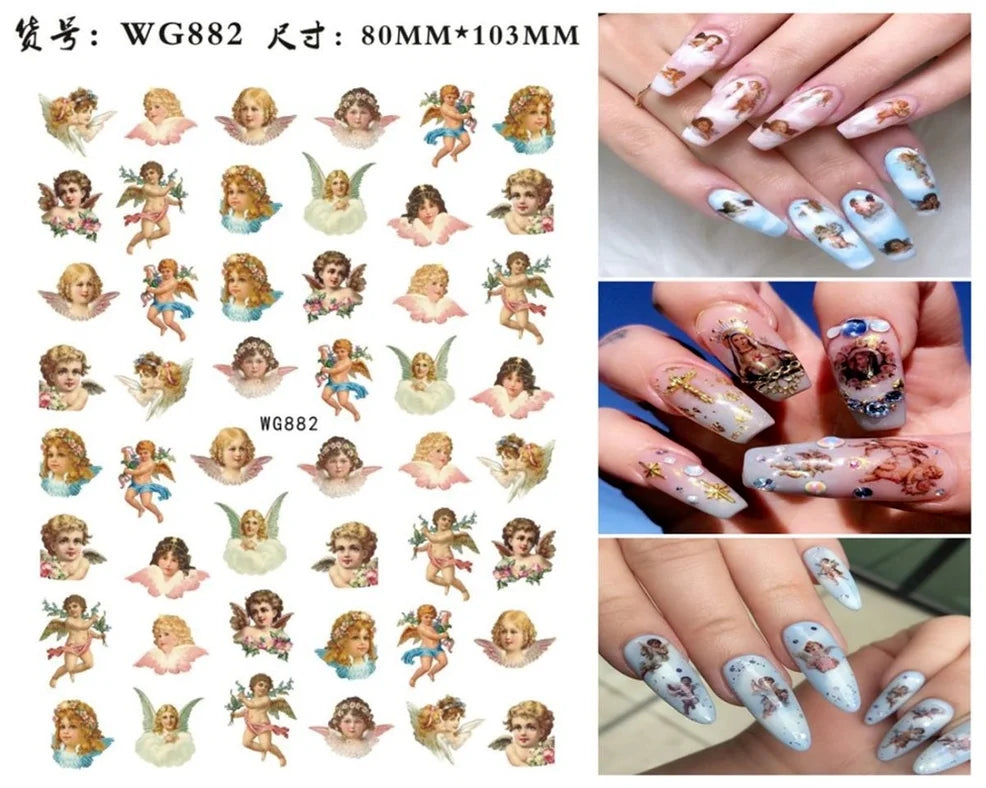Nail Art Sticker Angel Flower Pattern Stickers Cupid Self-Adhesive Nail Decals Stickers Decoration Press on Nails Accessories