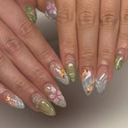 3D fake nails for women girls Gradient brown blue embossed flowers with rhinestones fall winter almond tips press on false nail