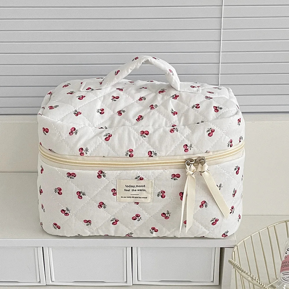 Wholesale Cherry Tote Women Makeup Bag Portable Cute Ladies Cosmetic Toiletry Storage Pouch Handbag Cotton Quilted Zipper Bag