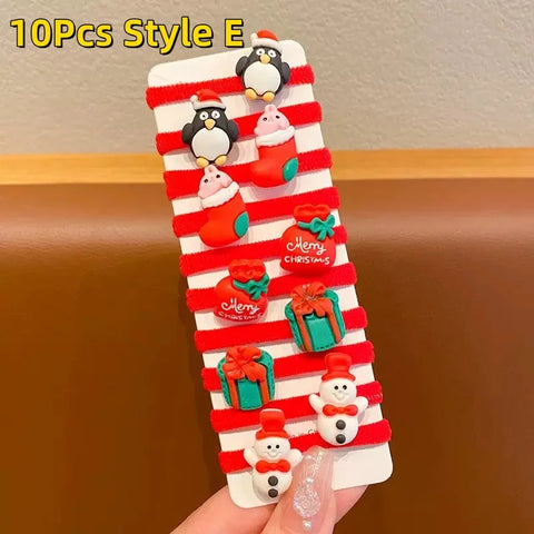 10Pcs Kids Girls Christmas Hair Ties Cute Santa Claus & Reindeer Design Festive Hair Accessories Holiday Parties Decorations