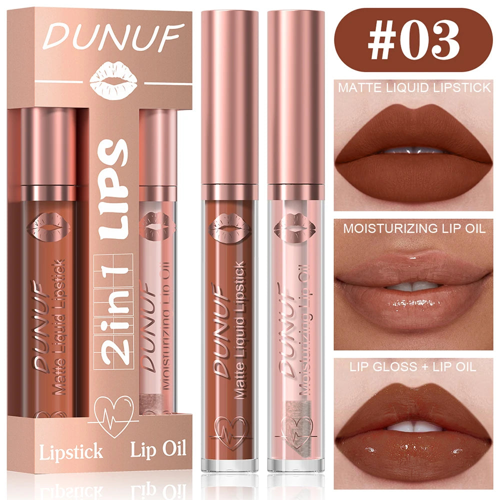 DUNUF Lip Gloss And Lip Oil Set 2-Piece Long-Lasting Waterproof Matte Moisturizing Non-Fading Lipstick Collection