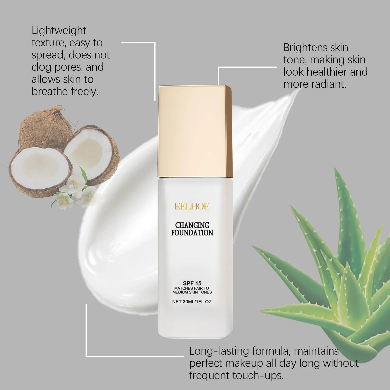 EELHOE Colour Change Foundation Spf 15 Oil Control Waterproof Sweatproof Matte Moisturizing Face Makeup Full Coverage Foundation