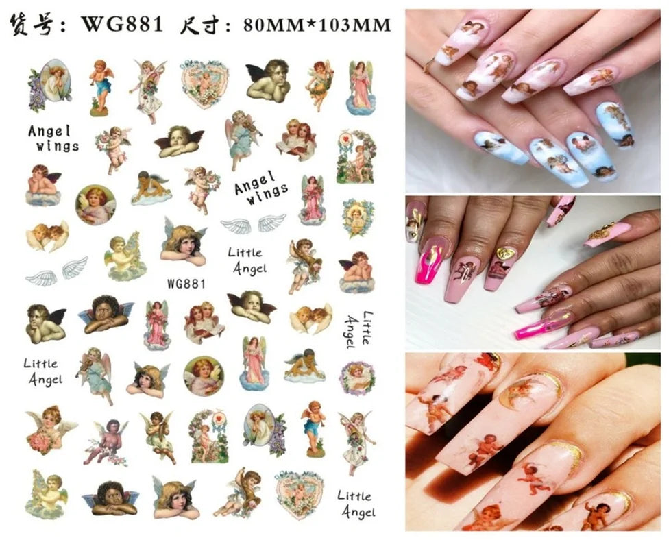 Nail Art Sticker Angel Flower Pattern Stickers Cupid Self-Adhesive Nail Decals Stickers Decoration Press on Nails Accessories