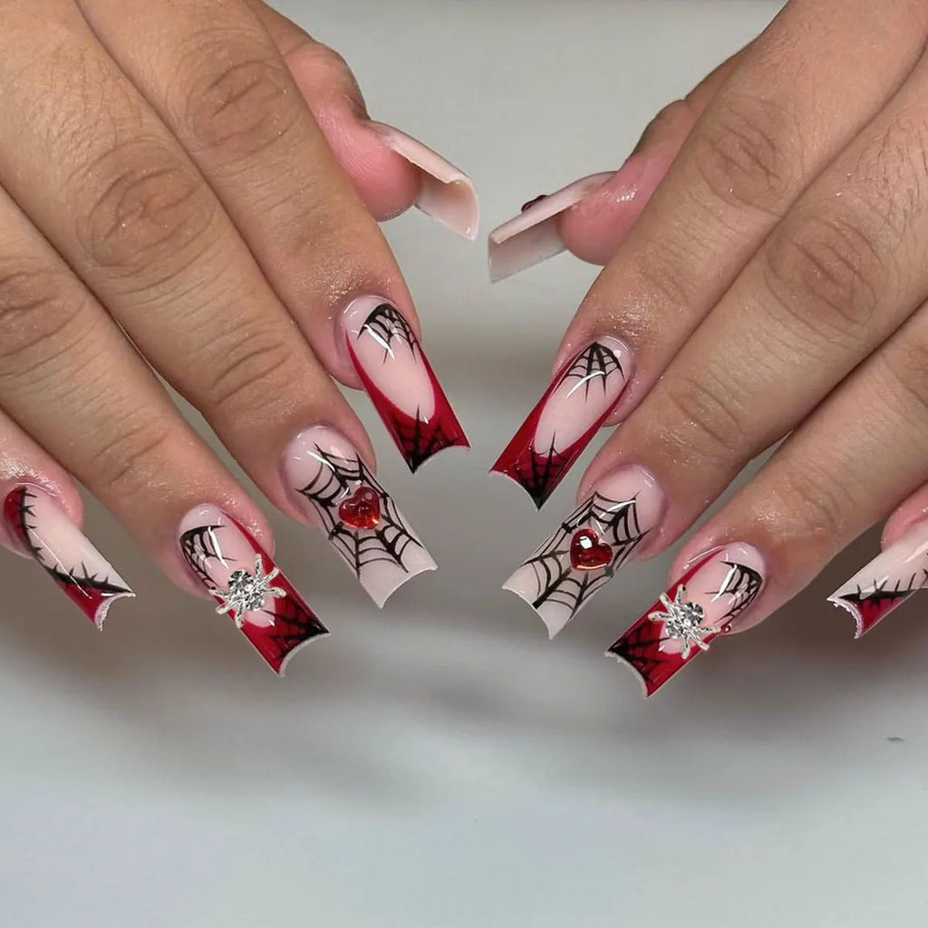 24pcs Sliver Spider Design Fake Nail Halloween Gothic Punk False Nail Tips Wearable European Heavy Metal Almond Press on Nails