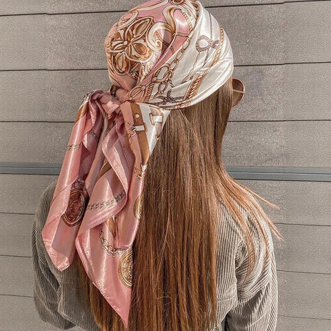 Satin Square Scarf Women Muslim Hijab Elegant 2025 Print Silk Neckerchief Shawl Wraps Headband Handle Hair Accessories Bandana