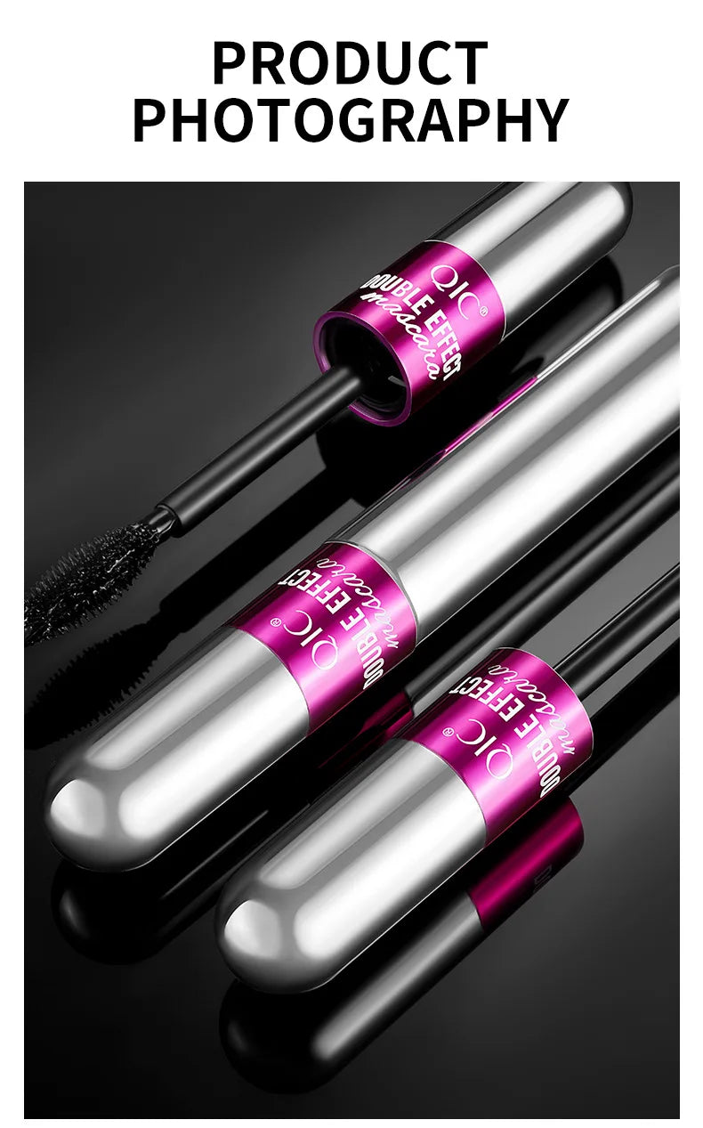 QIC Double Effect 4D Mascara Waterproof Long Curl Natural Thick Eyelash 2-in-1 Black Mascara with 2 Brush Heads
