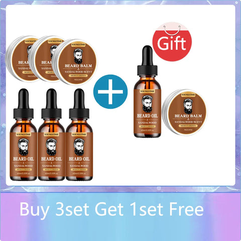 Organic Beard Growth Oil & Sandalwood Balm 1/2/4 Set-24H Nourishing, No Flakes, Men's Grooming Kit with Argan Oil & Vitamin E