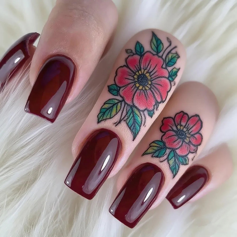 Artificial Press On Fake Nails Glossy Wine Red False Nail Long Square Reusable DIY Lady Fingernail Tip Manicure Tools