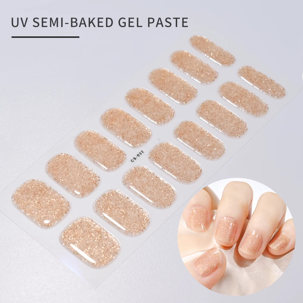 16Tips French Black Semi-Cured Nail Stickers With Glitter Long-Lasting UV Gel Nail Polish Wraps Full Cover Nail Art Decals Patch