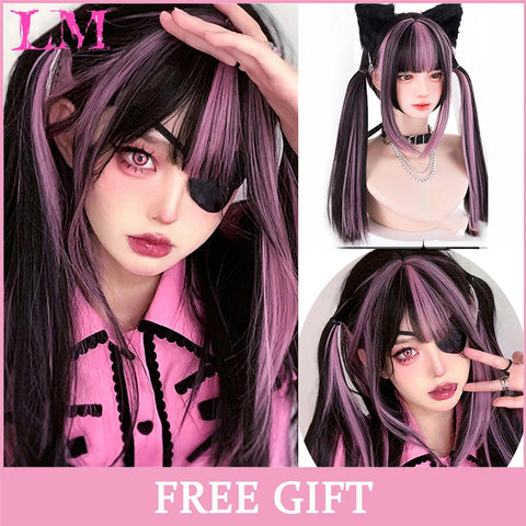 LM Synthetic Hair Long Wave Black And Pink Lolita Wigs For Women Cosplay Wig With Bangs Halloween Christmas Heat Resistant