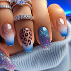 Medium long fake nails for women girls Y2K colorful gradient leopard print Pink green coffee coffin tips press on false nail set