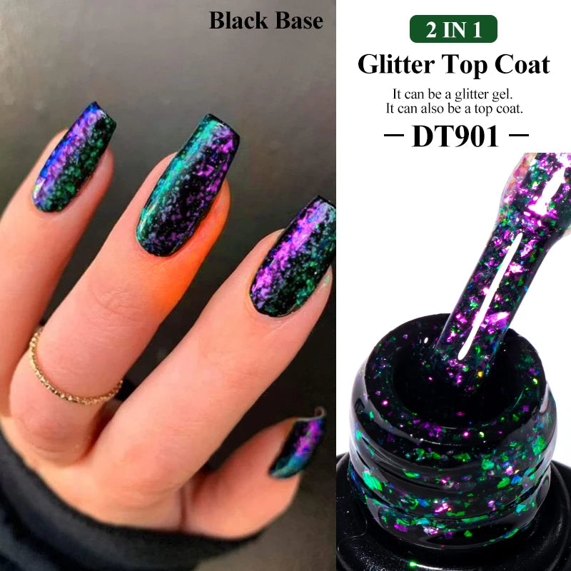 MEET ACROSS 7ml Sparkly Glitter Top Coat Gold Foil Effect Nail Art Gel Nail Polish Soak Off Semi Permanent Varnish For Nails DIY
