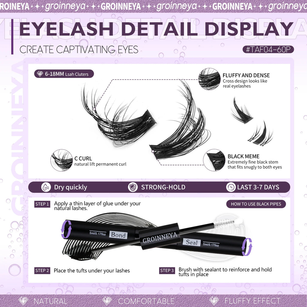 GROINNEYA Lashes Clusters Kit With Lash Bond And Seal And Eyelash Tweezers Waterproof Strong Hold DIY Lash Extension Kit Makeup