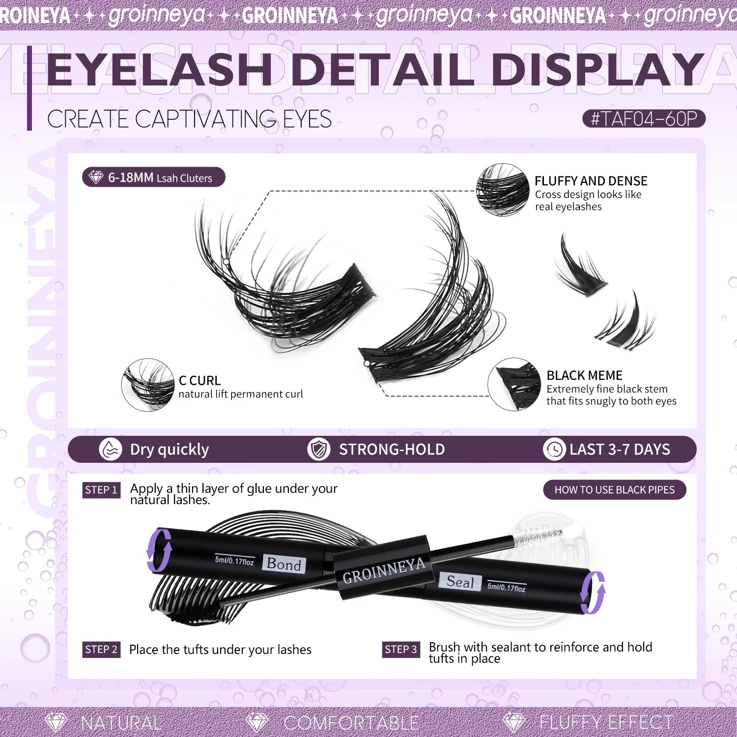 GROINNEYA Lashes Clusters Kit With Lash Bond And Seal And Eyelash Tweezers Waterproof Strong Hold DIY Lash Extension Kit Makeup