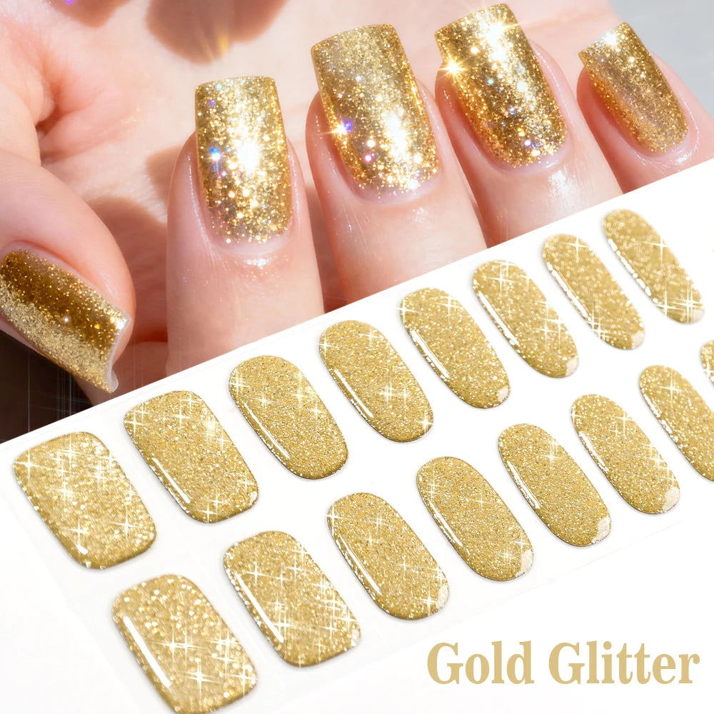 16Tips French Black Semi-Cured Nail Stickers With Glitter Long-Lasting UV Gel Nail Polish Wraps Full Cover Nail Art Decals Patch
