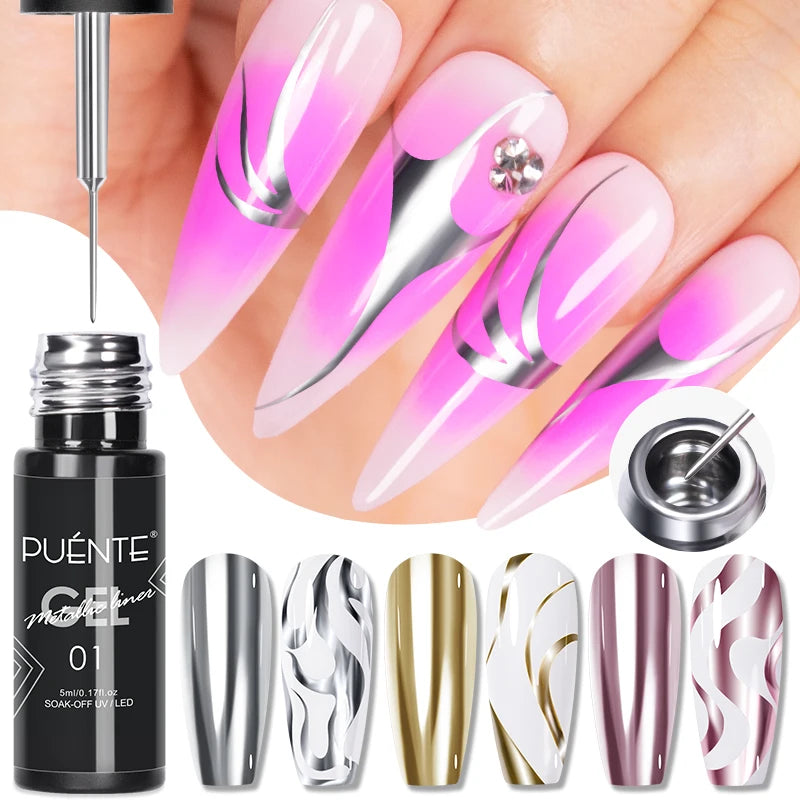 PUENTE 5ml Metallic Painting Liner Gel Polish Bright Mirror Effect Semi-Permanent UV Nail Varnish For Stunning French Nail Art