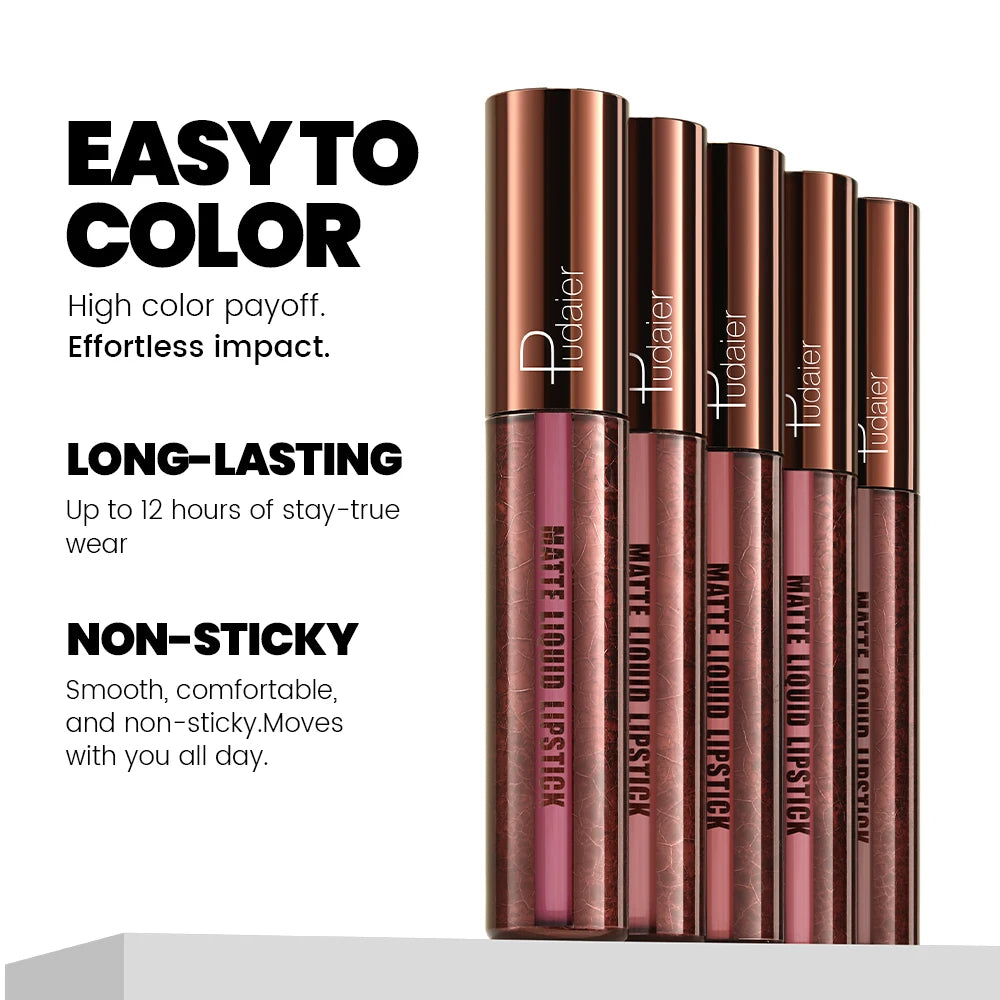Pudaier Velvet Matte Liquid Lipstick | Waterproof & Transfer-Proof Lip Gloss | Long Lasting Lip Stain (5 Shades) | Kiss Proof, N