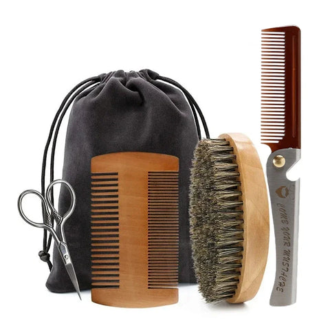 Men's Shaving Brush Set Boar Bristle Portable Barber Natural Beard Brush Comb Scissors for Facial Cleaning Styling Tool