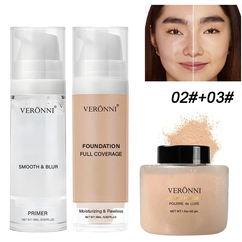 3-Piece Beginner Face Makeup Kit-Matte Waterproof Foundation,Hydrating Primer,Oil-Control Loose Powder,Full Coverage Concealer