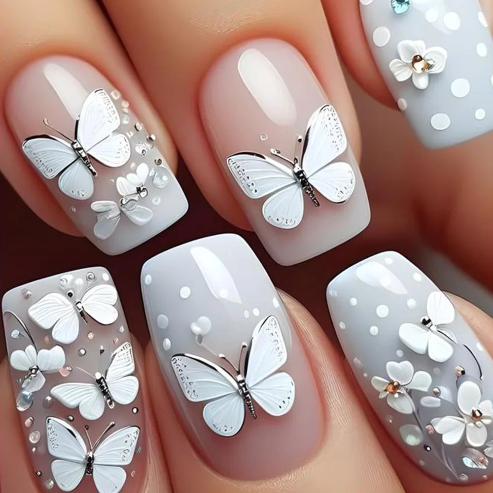 24pcs/set Medium long square fake nails for women girls cute heart flowers feather butterfly design press on false nail art tips