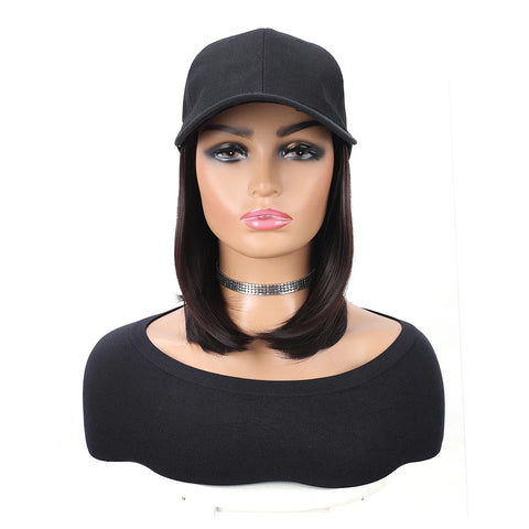 Baseball Cap with Synthetic Hair Extensions Heat Resistant 10 Inch Adjustable Short Straight Bob Wigs in Hat for Women Daily Use