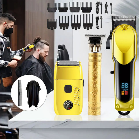 3 Piece Professional Men's Electric Hair Clipper and Trimmer Set USB Charging with LCD   Cape Ideal Gift for Men
