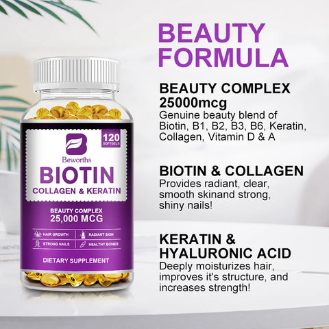 BEWORTHS Collagen and Biotin Capsules Biotin for Hair Growth Healthy Nails &Skin Hair Farming Supplement Beauty Health Skin Care